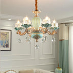 Gold and mint green floral ceramic chandelier with glass flower shades, crystal pendants, six E14 bulbs.