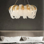 Maison Ornate Modern Crystal Spiral Chandelier features gold accents and looped crystal strands. Contemporary design.