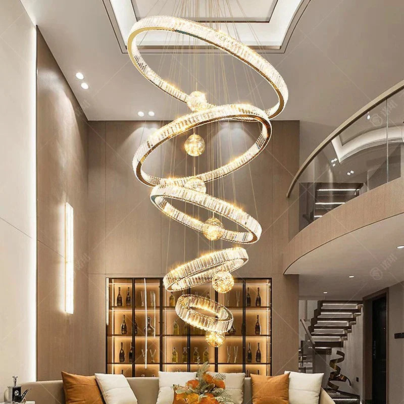 Maison Ornate Crystal Chandelier with Smart Rings, elegant modern design, dazzling from high ceiling.