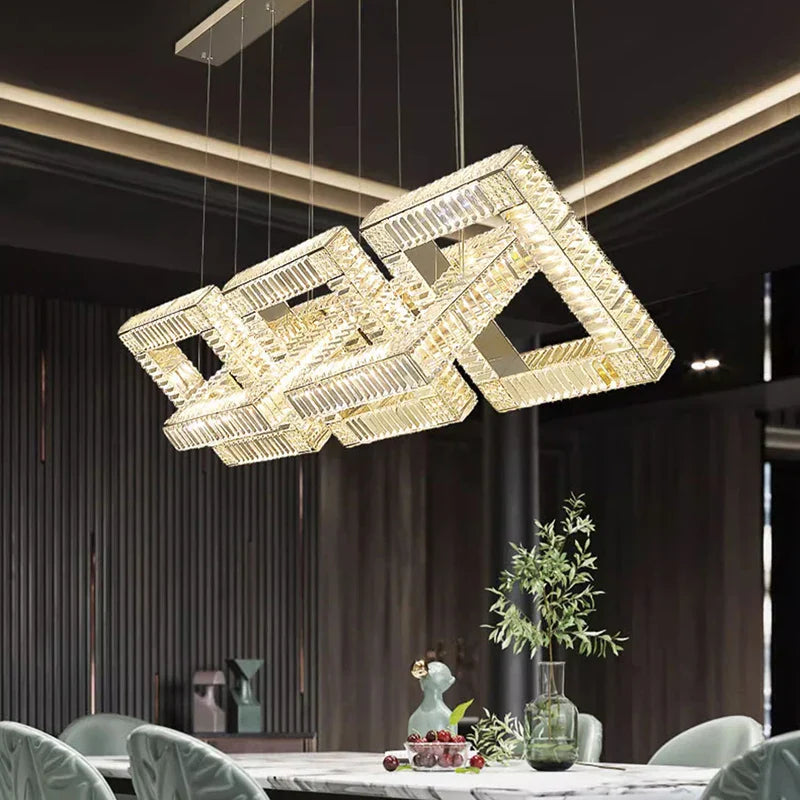 Maison Ornate Gold Crystal Pendant Light with modern square shape and integrated LED illumination.