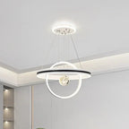 Modern circular chandelier with suspended crystal LED rings and adjustable minimalist geometric design.