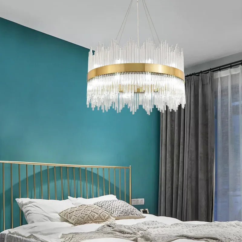 Maison Ornate Modern Gold Crystal Chandelier with elegant tassels, a luxurious statement lighting fixture.