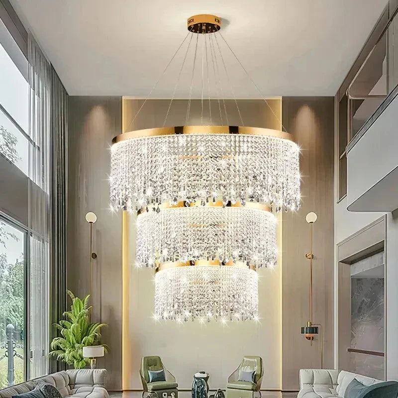 Maison Ornate Modern Crystal Chandelier with Gold Round Pendants, elegant statement lighting fixture.