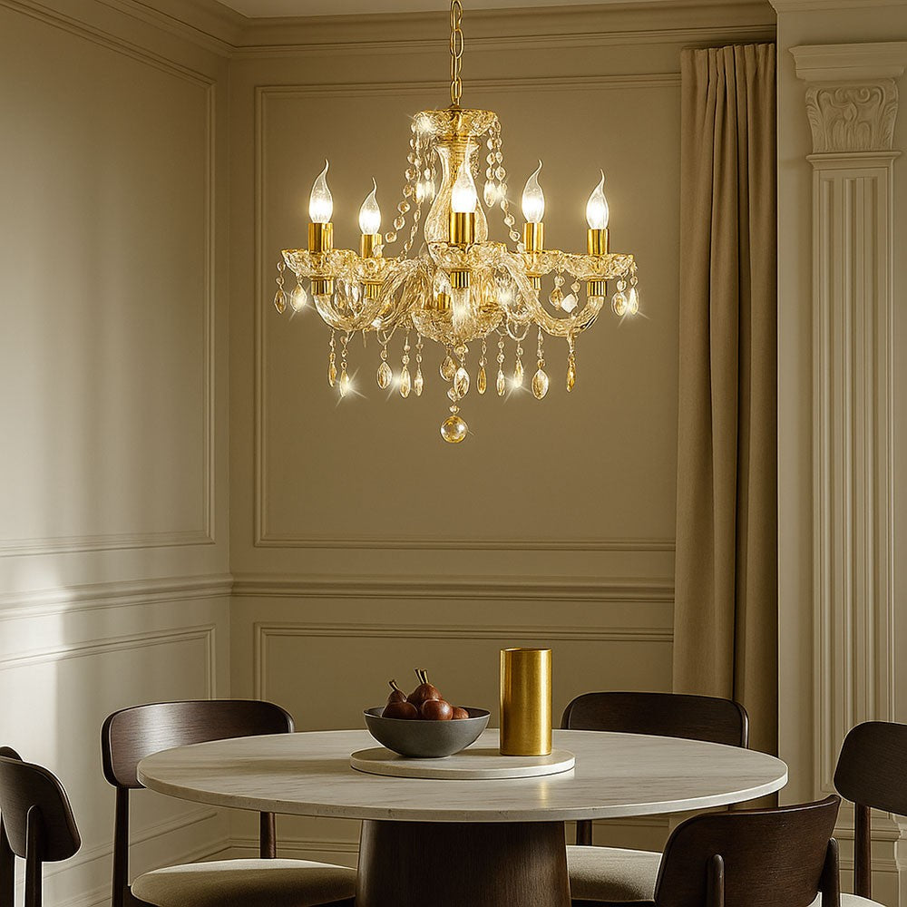 A 5-branch gold LED crystal contemporary chandelier by Maison Ornate, elegant and modern.