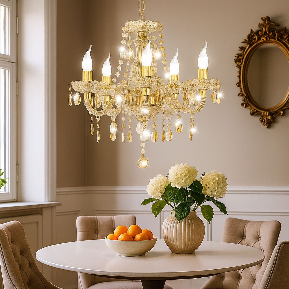 Maison Ornate's 5-Branch Gold LED Crystal Contemporary Chandelier with intricate crystal detailing.