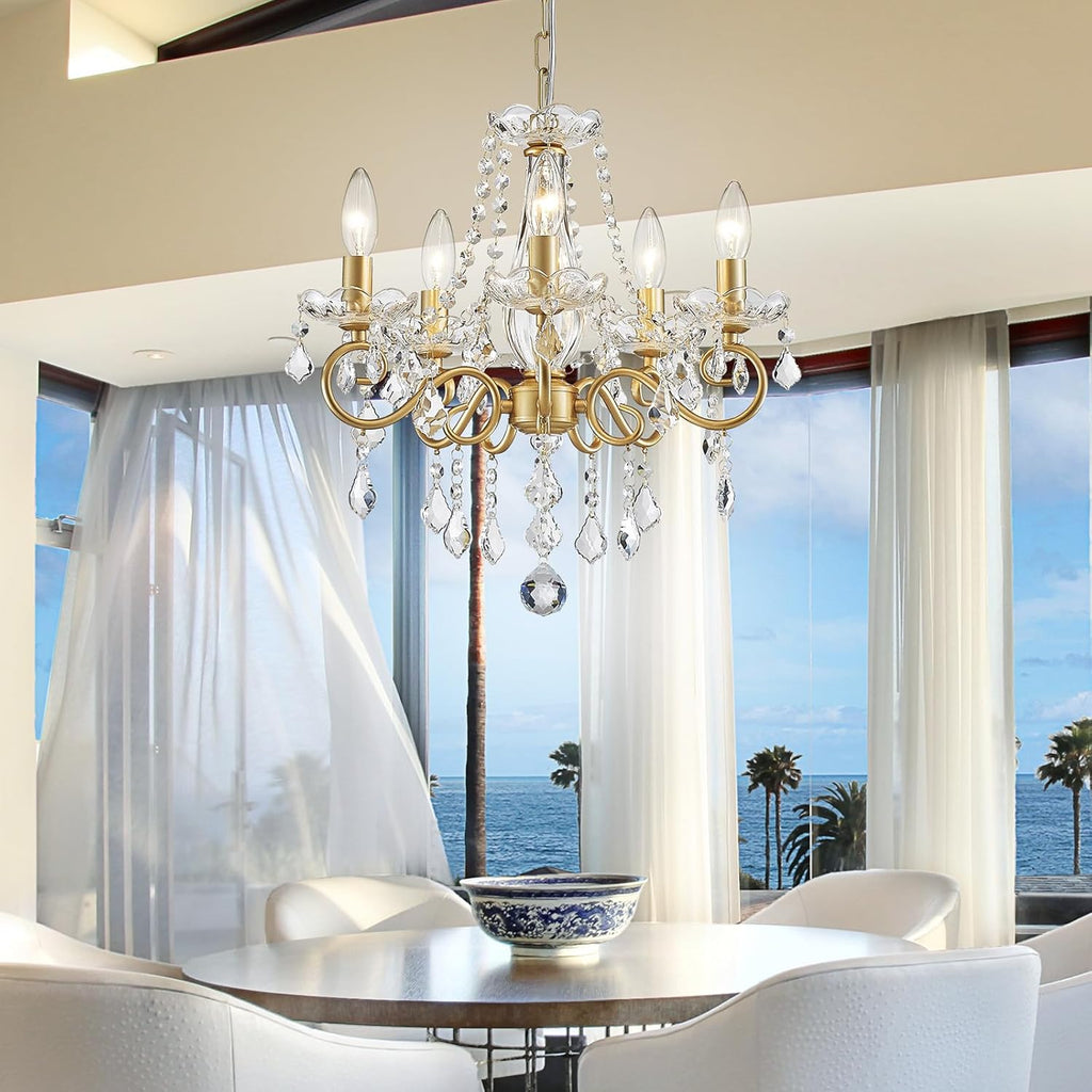 An ornate modern metal crystal chandelier with E14 lamps, featuring intricate detailing and luxurious sparkle.