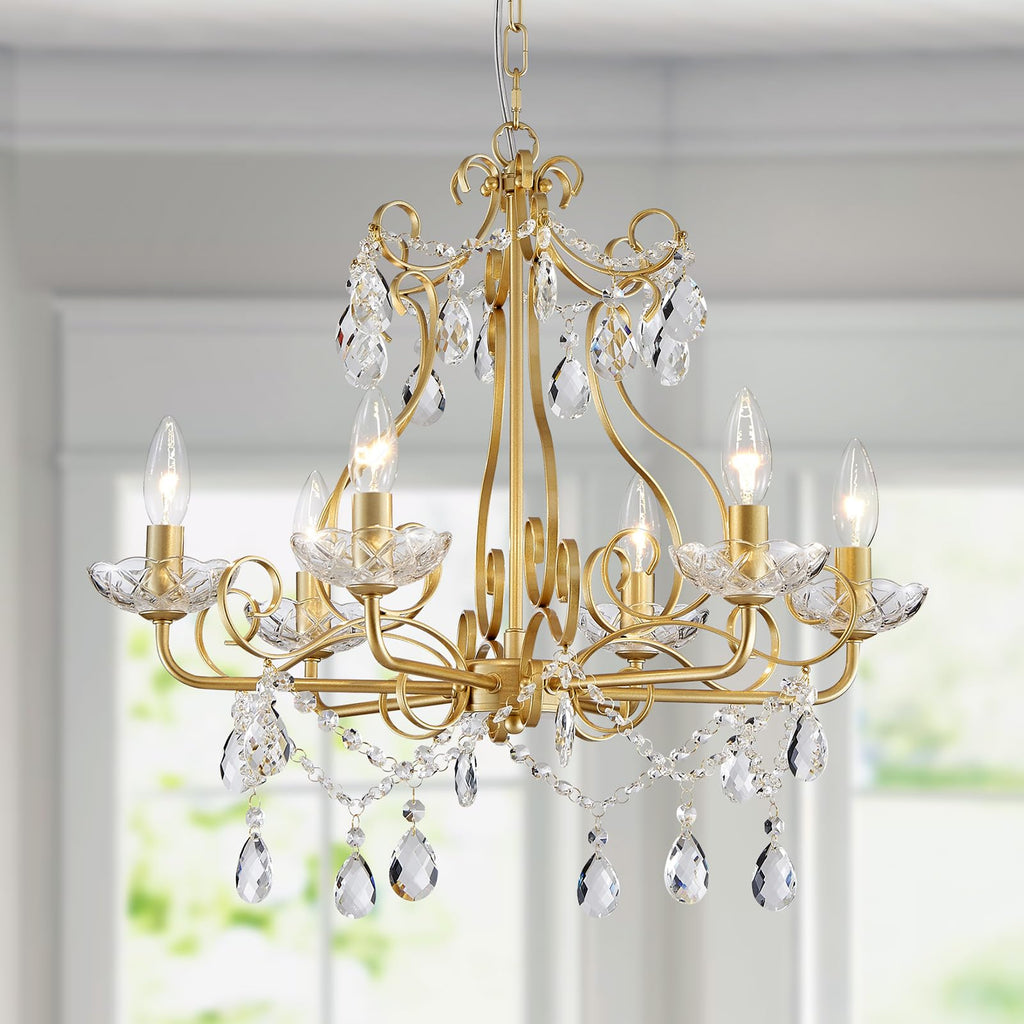 Six-light Maison Ornate Modern Chandelier with E14 bulbs, crystal pendants, and beaded accents.