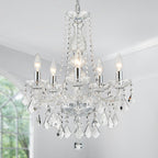Ornate modern metal crystal chandelier with five E14 bulbs, hanging ornaments, and beads.