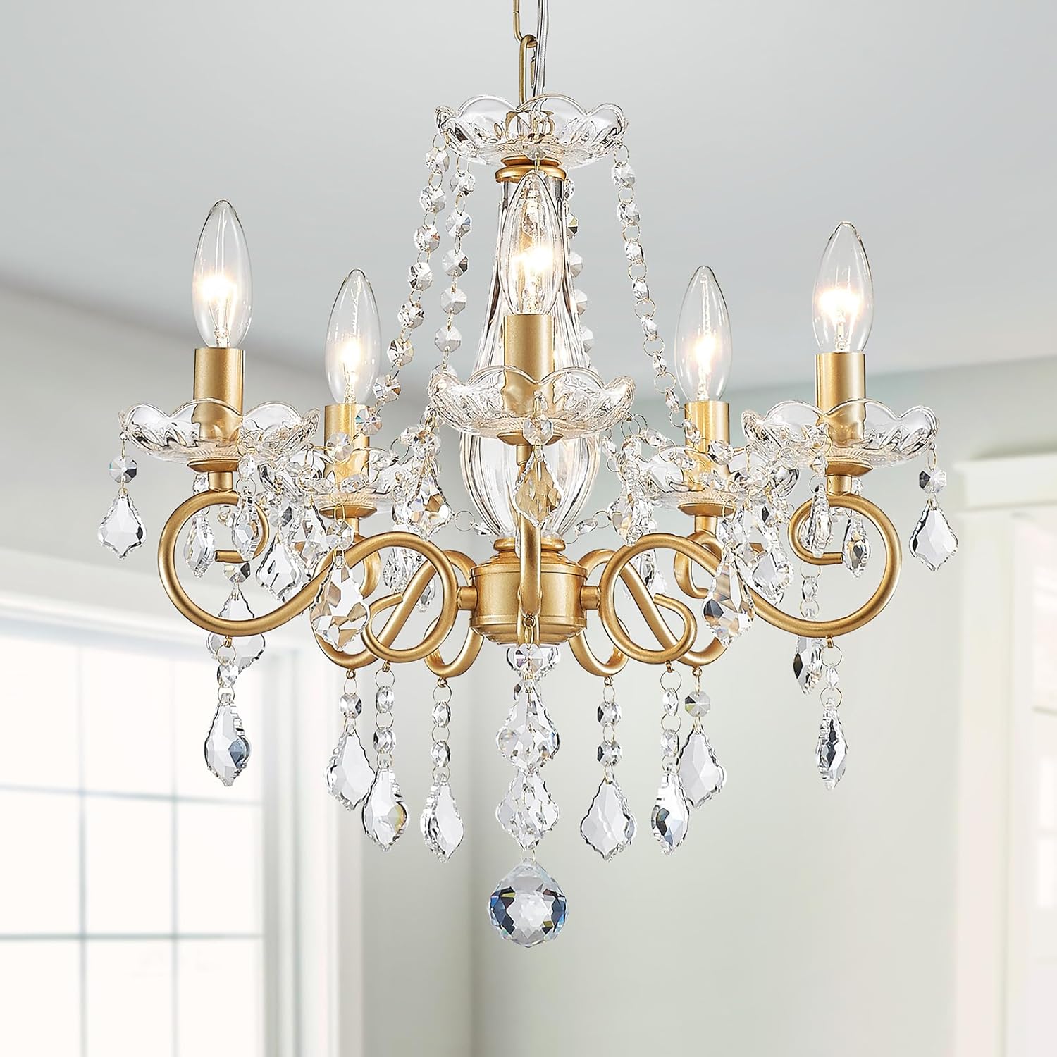 Maison Ornate Modern Chandelier with five E14 candle lights, hanging crystal pendants and beads.