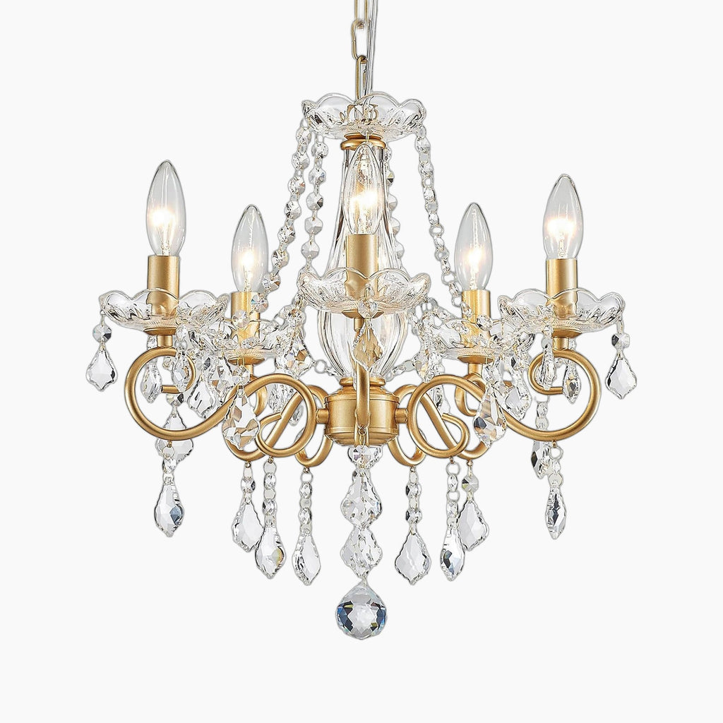 Five-light gold chandelier adorned with clear crystal beads and teardrop ornaments, elegant and modern.
