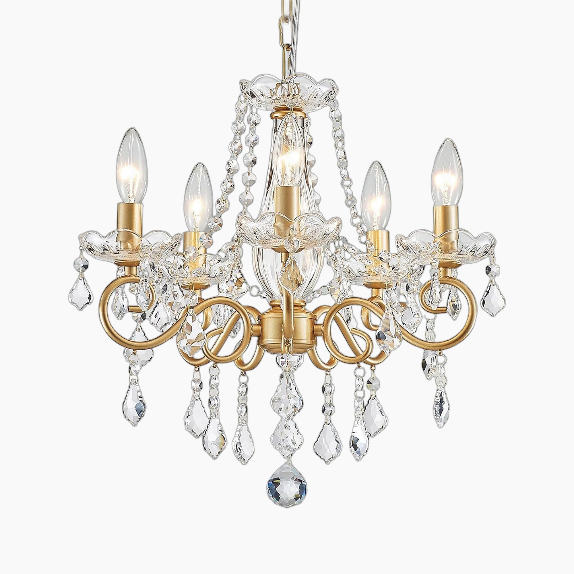 Five-light gold chandelier adorned with clear crystal beads and teardrop ornaments, elegant and modern.