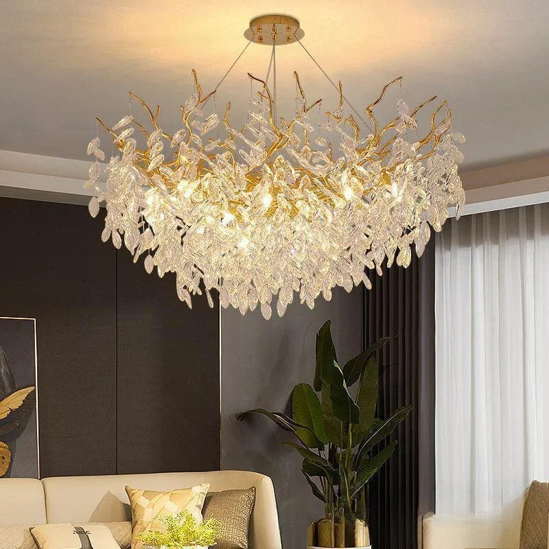 Maison Ornate Modern Crystal LED Chandelier with polished aluminum, gold branches, and crystal leaf accents.