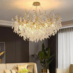Maison Ornate Modern Crystal LED Chandelier with polished aluminum, gold branches, and crystal leaf accents.