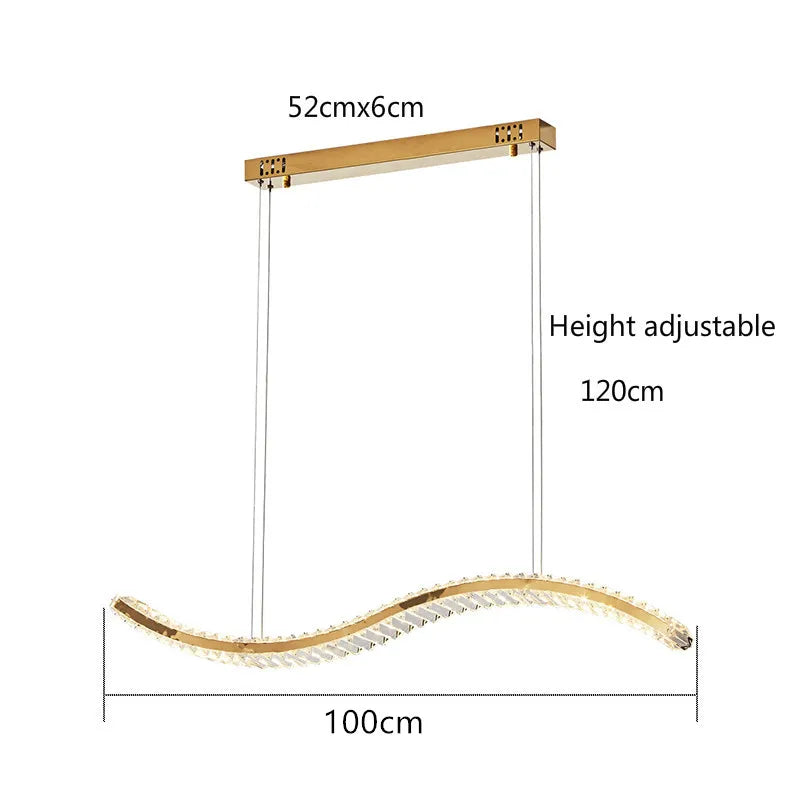 Wave-shaped Maison Ornate Minimalist Crystal Glass Chandelier with LED lights, adjustable height, dual cable suspension.