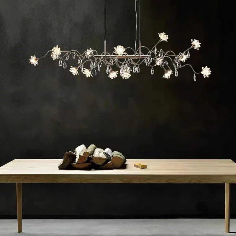 Maison Ornate Postmodern Nordic Crystal Dining Room Chandelier LED G4 with glowing floral crystal lights.