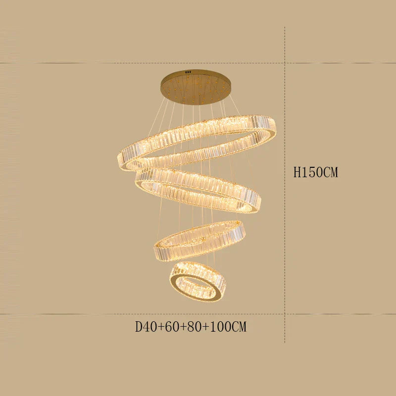 Four-ring modern crystal chandelier with dimmable LEDs, varied diameters, and sleek contemporary design.