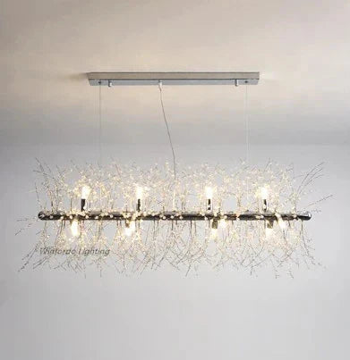 Sleek rectangular crystal branch chandelier with LED lighting and ornate, sparkling modern design.