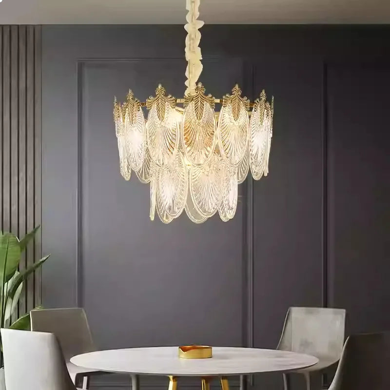 Maison Ornate Retro Leaf Crystal Art Deco LED Chandelier, detailed leaves and sparkling crystals, elegant statement lighting.