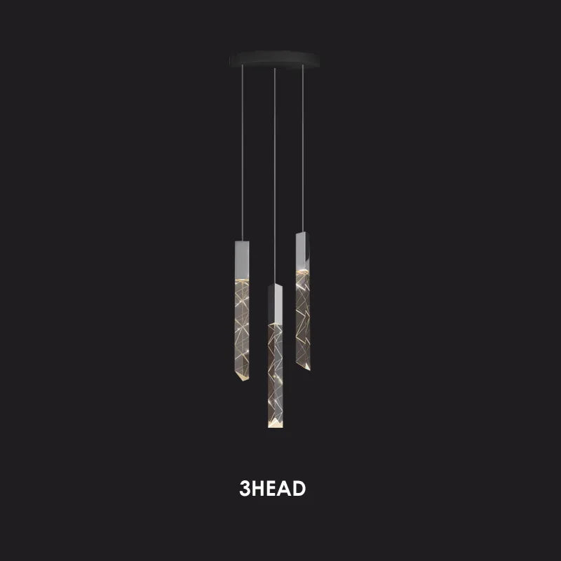 Modern chandelier with three geometric crystal pendants on chrome frame, "3HEAD" shown below.