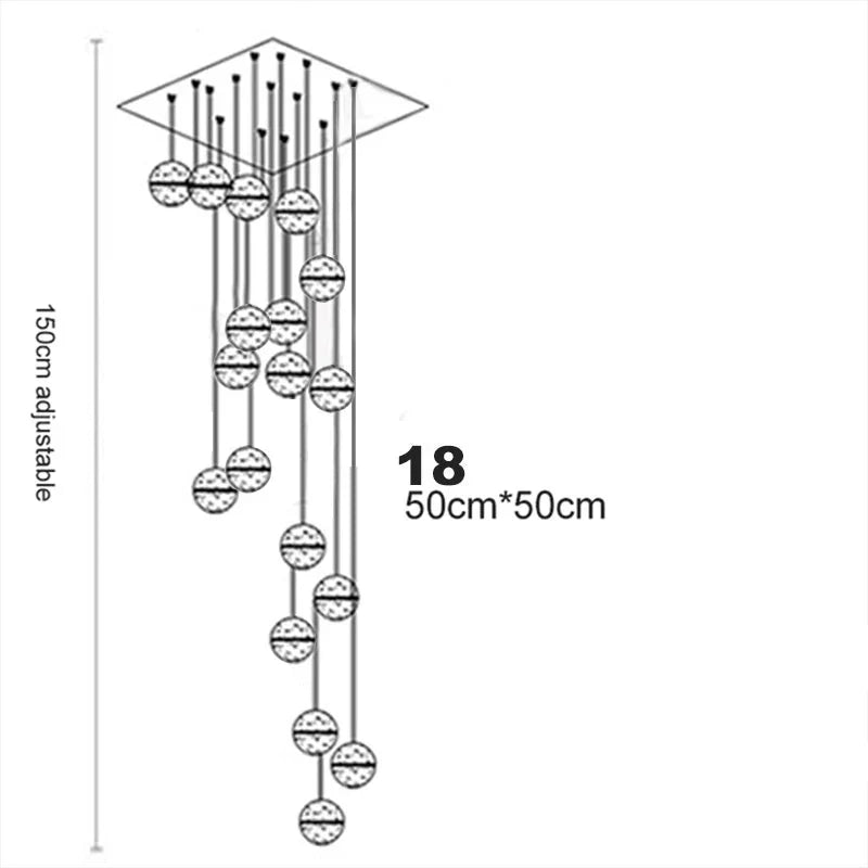 Line drawing of Maison Ornate Crystal Sphere Chandelier, 18 adjustable pendants, square ceiling mount.