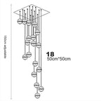 Line drawing of Maison Ornate Crystal Sphere Chandelier, 18 adjustable pendants, square ceiling mount.