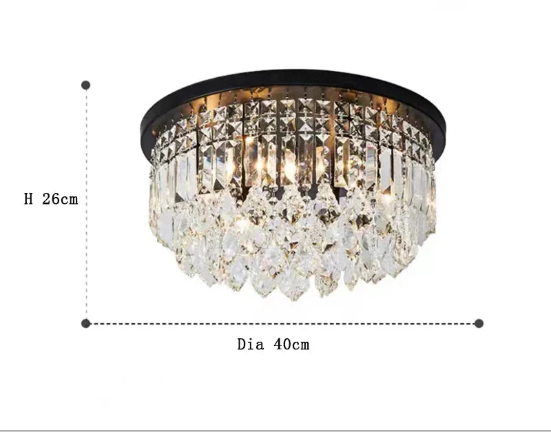 Black base LED chandelier with multiple crystal tiers, 26 cm high by 40 cm wide.