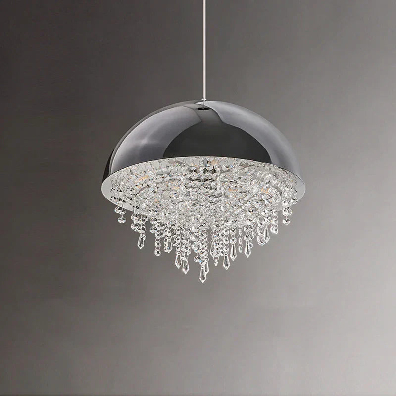 Black hemispheric chandelier with cascading crystal droplets, a modern statement lighting piece.