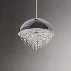 Black hemispheric chandelier with cascading crystal droplets, a modern statement lighting piece.