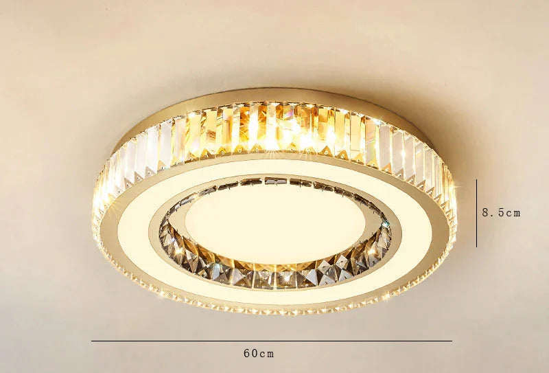 Modern crystal glass round chandelier with LED lights, ornate design, warm glow, 60 cm wide.