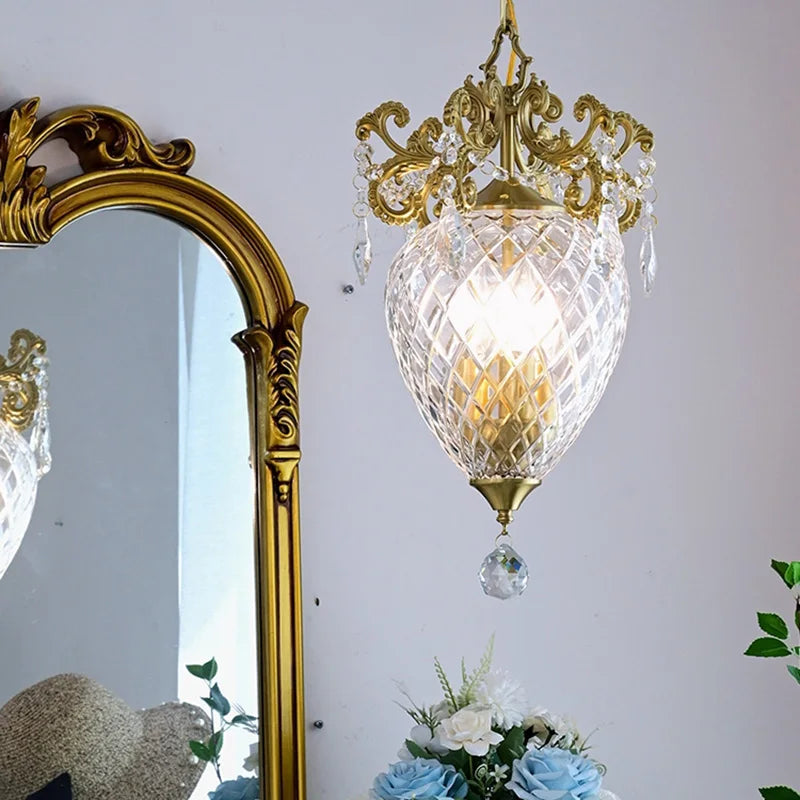 Maison Ornate Medieval Style Gold Pineapple Crystal Chandelier glows, highlighting intricate detailing and elegant design.