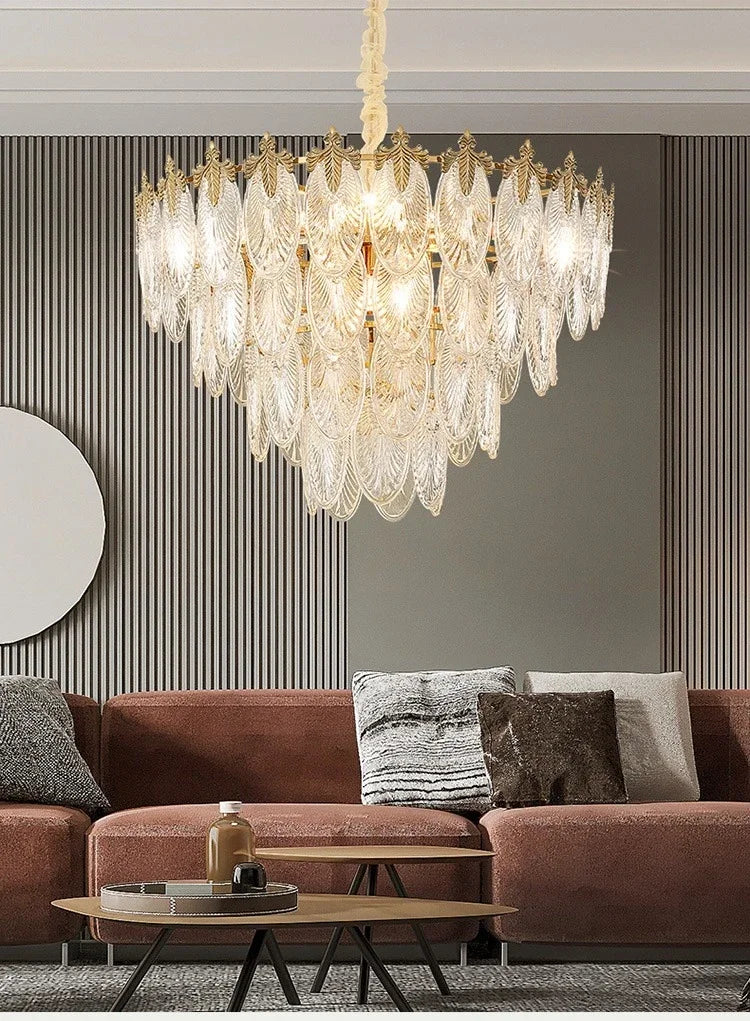 The Maison Ornate Retro Leaf Crystal Art Deco LED Chandelier with decorative leaf-shaped crystal glass design.