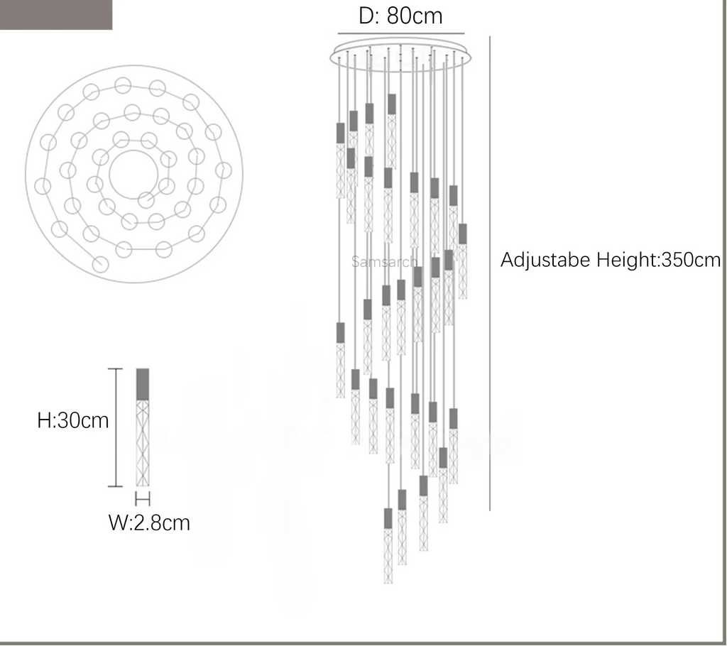 Spiral LED crystal chandelier with 24 lights, 80 cm diameter, adjustable height, concentric circles design.