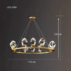 Gold circular chandelier with crystal accents, four cables, 110cm x 120cm, sleek 50W LED.