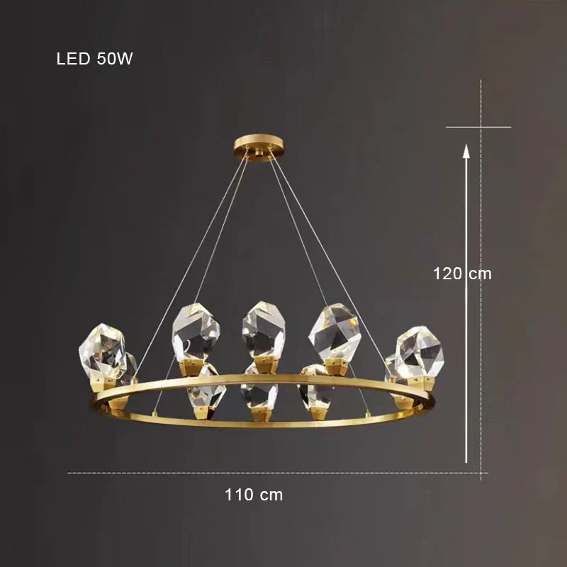 Maison Ornate Modern Glass Crystal Chandelier with brass frame and crystal-like LEDs, 110x120cm, circular design.