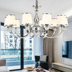 Maison Ornate Luxury Baroque Crystal Chandelier with white lampshades and integrated LED lighting.