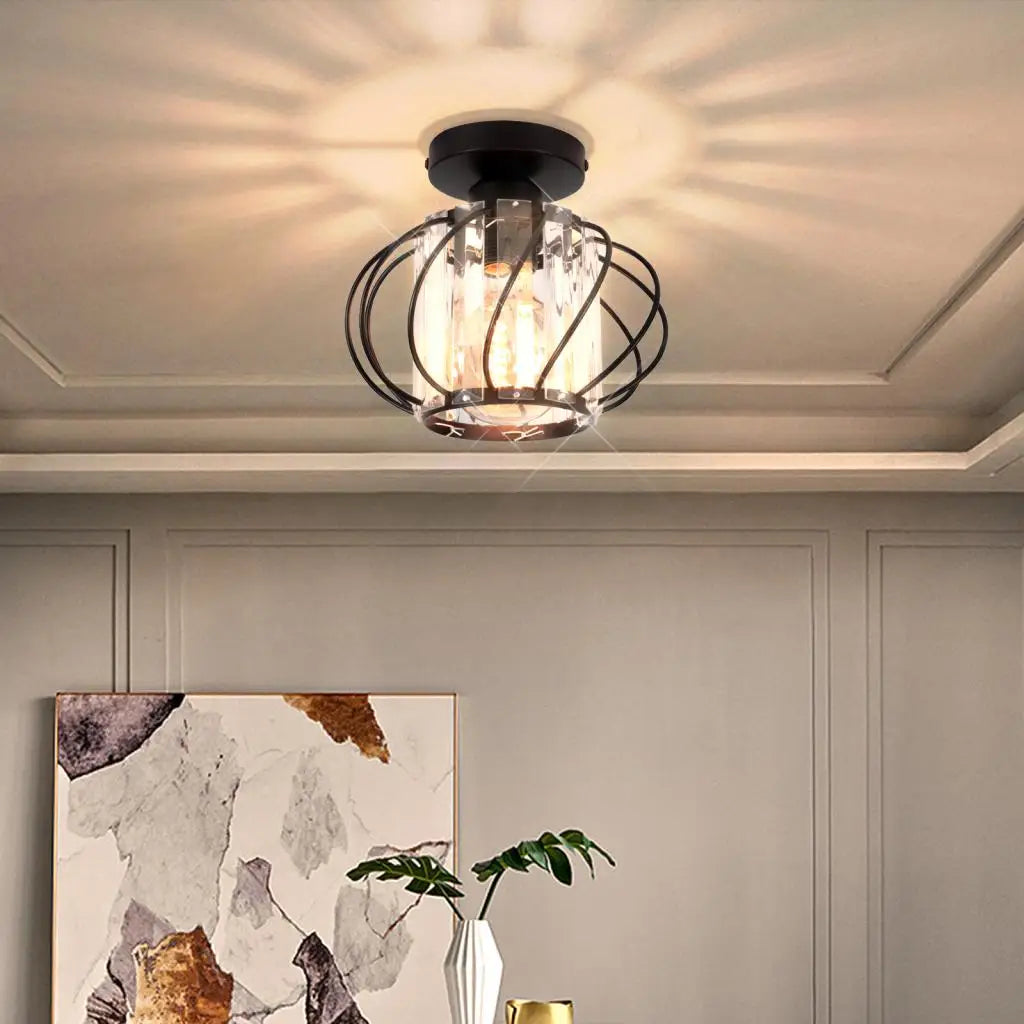 Maison Ornate Crystal Hallway Chandelier with black metal cage and glass shade, modern industrial style.