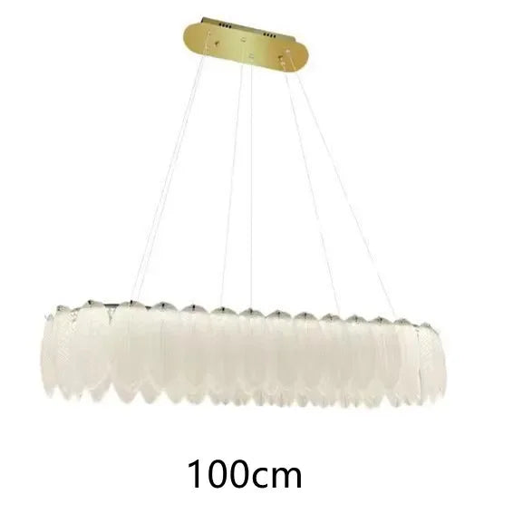 Maison Ornate Chandelier with feather-like glass pieces, gold rectangular mount, cable-suspended, 100 cm wide.