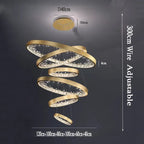Six-ring crystal spiral chandelier with LED, dimmable settings, adjustable 300 cm wire, labeled diameters.