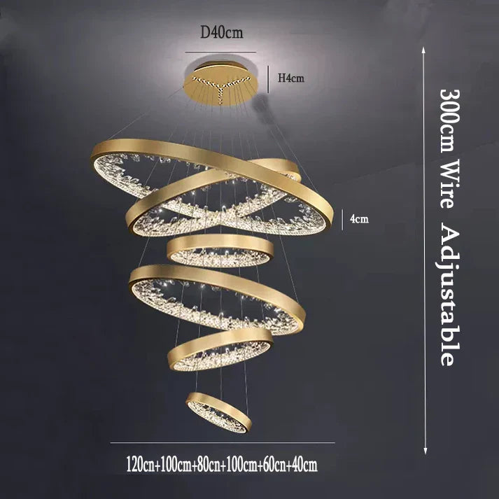 Six-ring crystal spiral chandelier with LED, dimmable settings, adjustable 300 cm wire, labeled diameters.