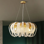 Maison Ornate Crystal Chandelier with intricate detailing, white beaded loops, and exposed LED bulbs.