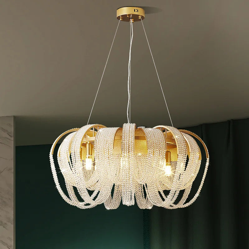 Maison Ornate Crystal Chandelier with intricate detailing, white beaded loops, and exposed LED bulbs.