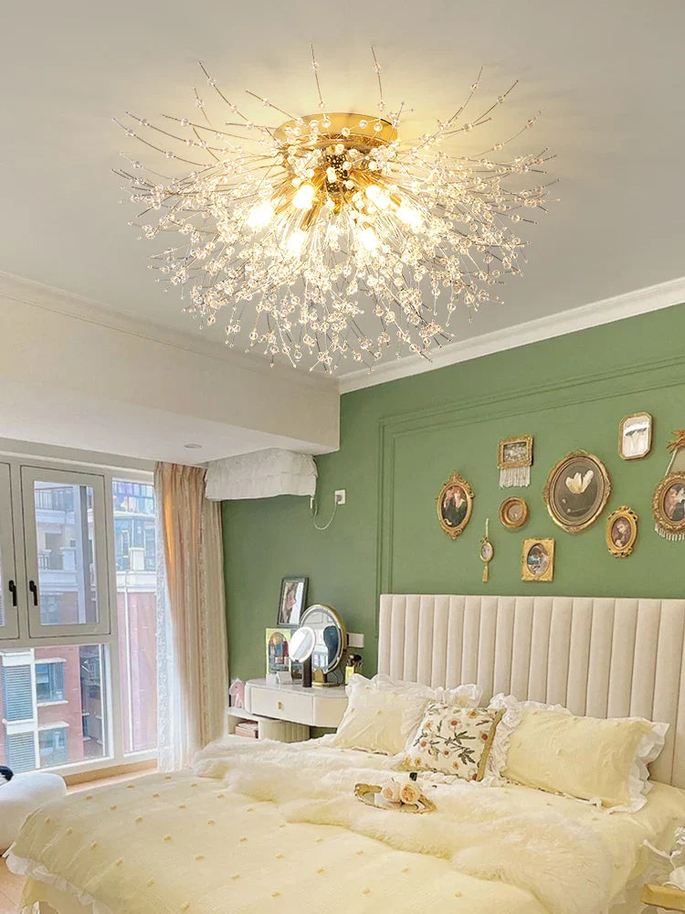 Maison Ornate Modern LED Acrylic White Crystal Pendant Light resembles fireworks with sparkling, intricate acrylic and crystal details.