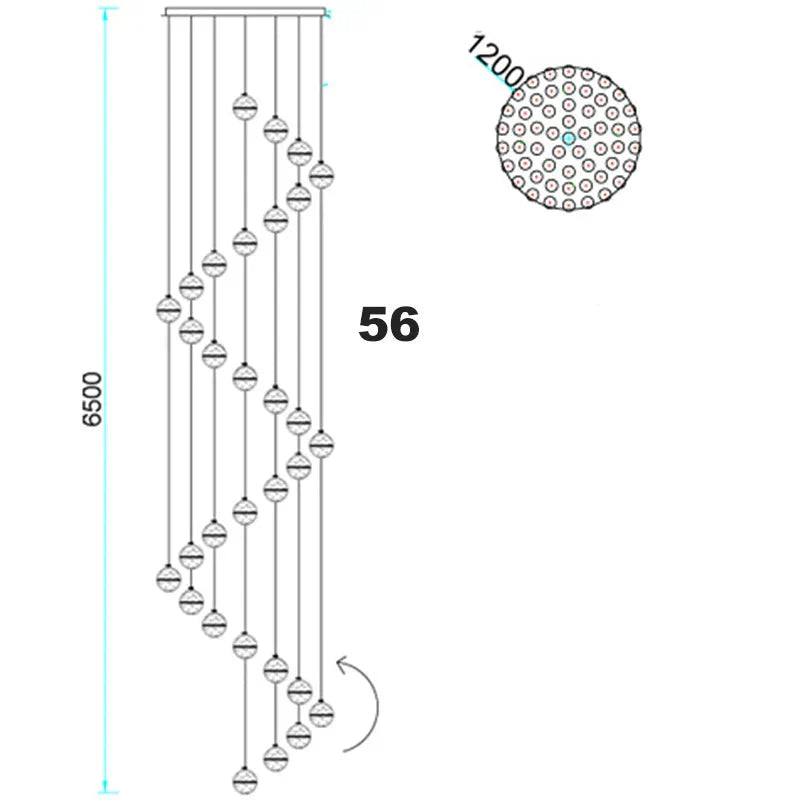 Maison Ornate Crystal Sphere Chandelier: 56 spiraled pendants, rotating LEDs, circular base, 6500 mm drop.