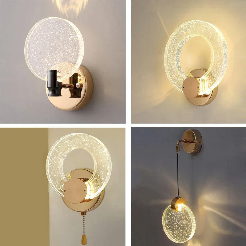 Collage of four Nordic LED crystal chandeliers with gold bases, circular acrylic designs, warm light.