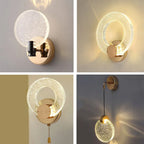 Collage of four Nordic LED crystal chandeliers with gold bases, circular acrylic designs, warm light.