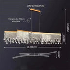 Gold round-pendant chandelier with adjustable lines, wavy crystals, and measurements shown using text and arrows.
