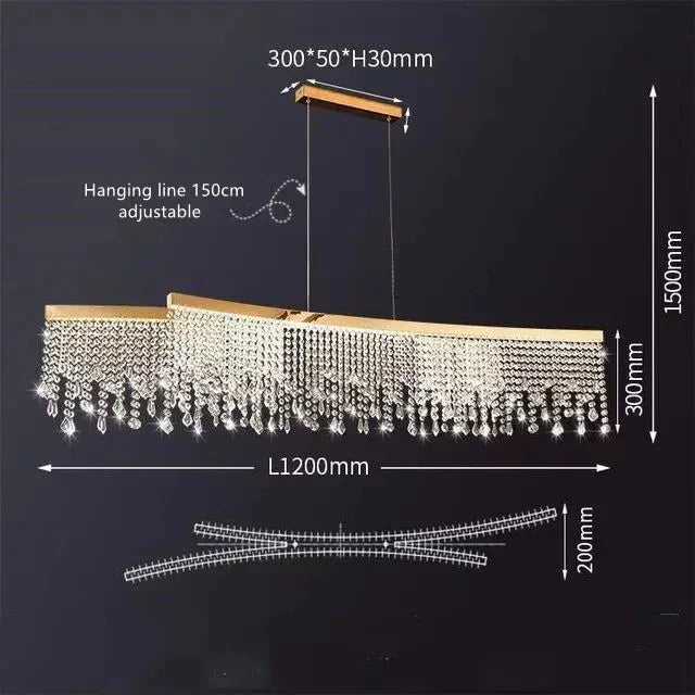 Gold round-pendant chandelier with adjustable lines, wavy crystals, and measurements shown using text and arrows.