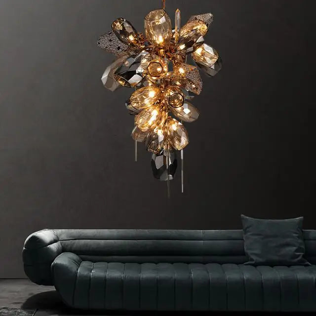 Maison Ornate Modern Nordic Crystal Glass Chandelier with clustered gold and glass elements, elegant and luxurious.