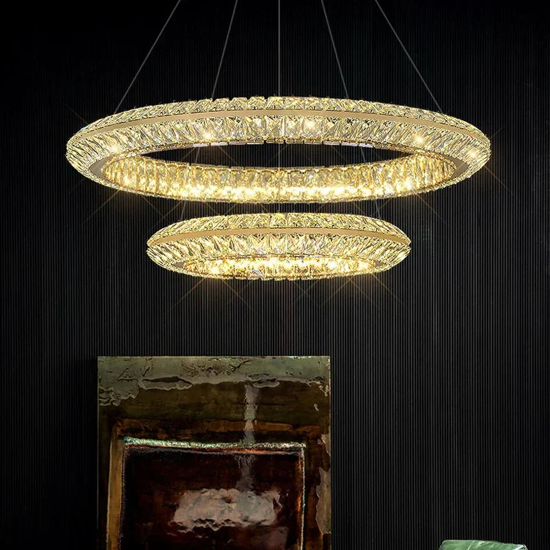 Pair of Maison Ornate Modern Crystal LED Chandeliers with warm, luxurious lighting for hotels and bars.