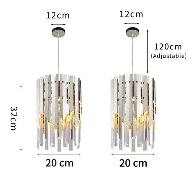 Ornate round gold crystal chandeliers with LED lights, adjustable cords, and bright modern design.